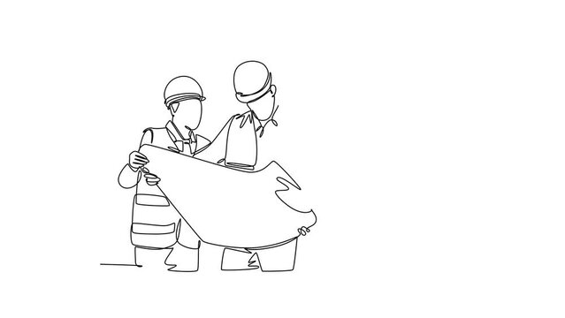 Self drawing animation single line draw teamwork builder and architect wearing construction vest, helmet looking for building design on blue print together. Continuous line draw. Full length animated