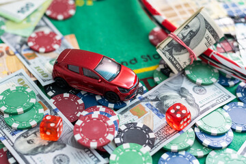Gaming onlan business, online casino or casino. Green gaming table, laptop, money and chips. Game...