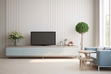 Cabinets and wall for tv in living room, white walls, Generative AI 