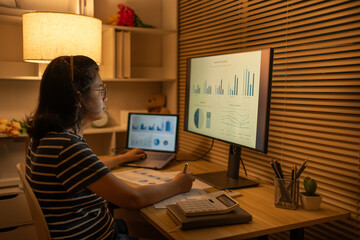 Late-Night Online Education, Dedicated Young Woman Studying Online Late at Night in Her Home...