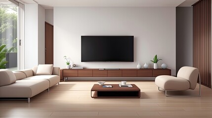Minimalist Boho interior design  home decor of modern living room Rustic, Scandinavian interior style, 3d render.