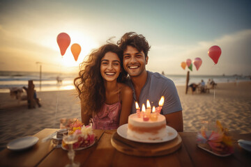 young indian couple celebrating birthday at the beach side - obrazy, fototapety, plakaty