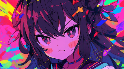 Beautiful anime girl angry expression, cyberpunk school uniform, psychedelic background