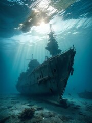Fototapeta premium a ship under water with the sun shining through the clouds