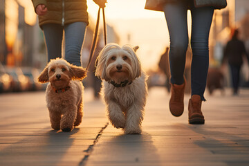 Walking dogs on a leash through the autumn city 3 - obrazy, fototapety, plakaty
