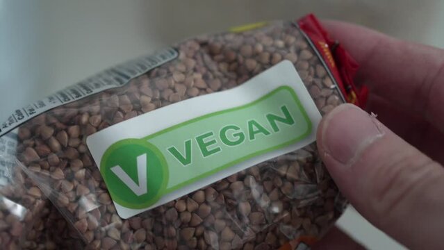 Closeup on the Vegan Label Certification on a Package of Buckwheat