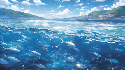 Fototapeta premium Underwater scene with coral reef and fish. in illustration style