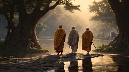 3 monks trekking in a wilderness, river, with an elephant following behind them - obrazy, fototapety, plakaty