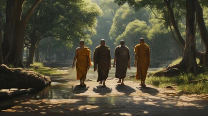 Rolgordijnen 3 monks trekking in a wilderness, river, with an elephant following behind them © somchai20162516