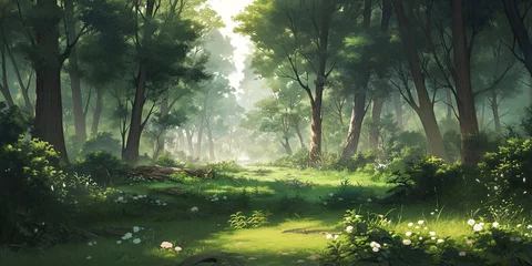 Foto auf Acrylglas Feenwald anime cartoon style woodland forest background banner, generated ai