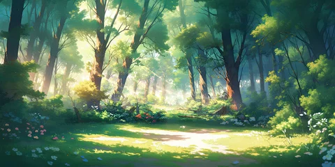 Foto auf Acrylglas Feenwald anime cartoon style woodland forest background banner, generated ai