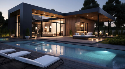 Fototapeta na wymiar Contemporary Luxury Living: The Glass-Pool Modern House of Your Dreams