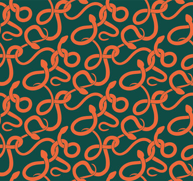 Vector seamless pattern with tangled orange snake silhouettes with on a green background. Fashion fabrics with anacondas.