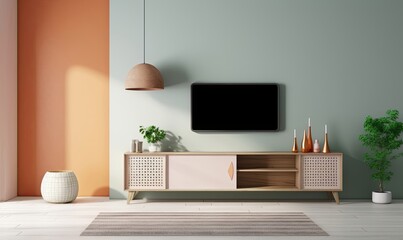 Two tone color wall background, Modern living room decor with a tv cabinet, Generative AI  - obrazy, fototapety, plakaty