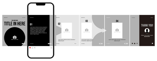 Microblog or carousel post template design for social media. Six page in portrait frame, seamless, minimalist style with black & grey color theme.