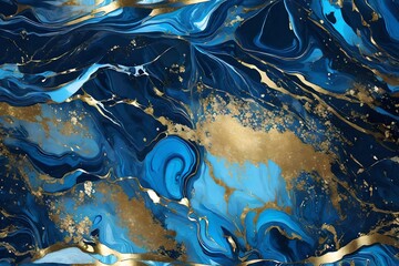 Liquid marble texture. Blue and golden glitter ink painting abstract pattern. Trendy background for wallpaper, flyer, poster, card, invitations. Modern art.