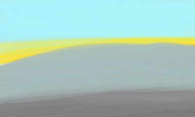 Abstract minimalist landscape. Impressionism painting. Composition of blue, yellow, grey, and brown colors. Hand drawn illustration.