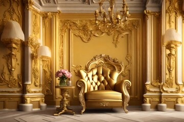 3d mural wallpaper Classic armchair in classic interior space.Walls with mouldings,ornate cornice Decorative columns and flowers Jewelery