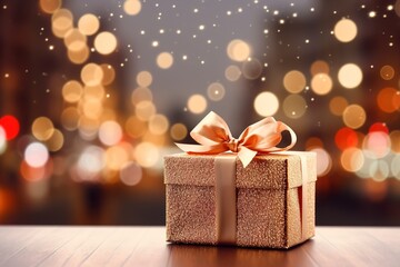 Groups of Christmas presents and balls against the backdrop of a festive Christmas tree with colored festive lights. Generative AI