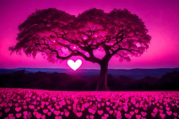 Tuinposter Pink heart tree and pink field under heart shape opening sky to the night landscape, Valentines day card. © CREAM 2.0