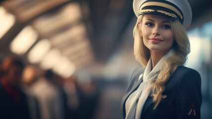 Portrait of beautiful smiling young woman airplane pilot in uniform with cap looking away, copy space
