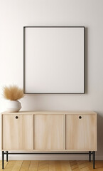 Mock up poster frame on cabinet in interior, white wall, Generative AI 