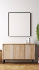 Mock up poster frame on cabinet in interior, white wall, Generative AI 