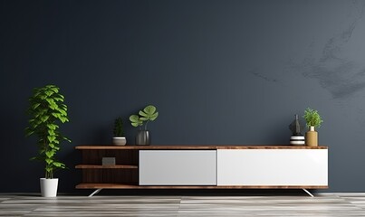 Cabinet for tv in modern empty room with behind the dark blue wall, Generative AI 