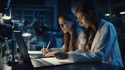Fototapeta na wymiar Two female scientists are using laptops in the laboratory.