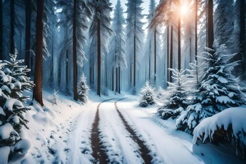 Majestic landscape in the cold winter morning. The wide trail. Christmas forest. Wallpaper background. Location place the Carpathian Mountains,