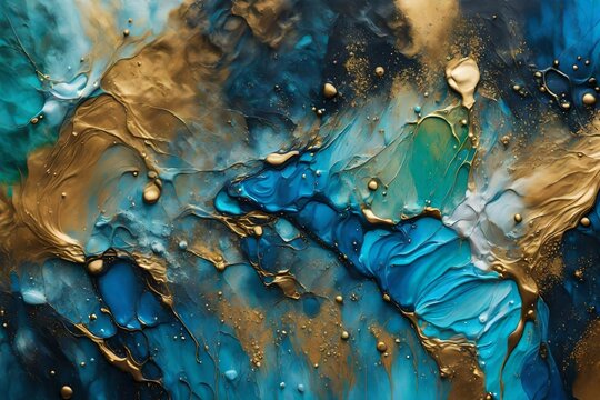Creative abstract hand-painted background,wallpaper,texture,close-up fragment of acrylic painting on canvas,blue,green,gold paint.