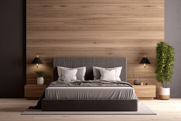 Bedroom interior mockup with dark bed on empty wooden wall background, Generative AI 