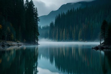 Describe a serene, fog-covered lake surrounded by
