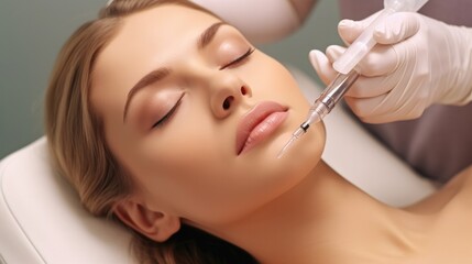 Cosmetologist are does injections for lips augmentation anti wrinkle injections on the face of a woman.