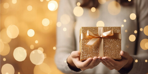 A gift box in the hands of a girl on the background of a shiny golden bokeh.