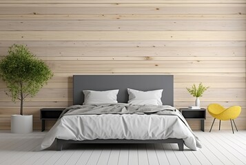 Bedroom interior mockup with gray bed on empty wooden wall background, Generative AI 