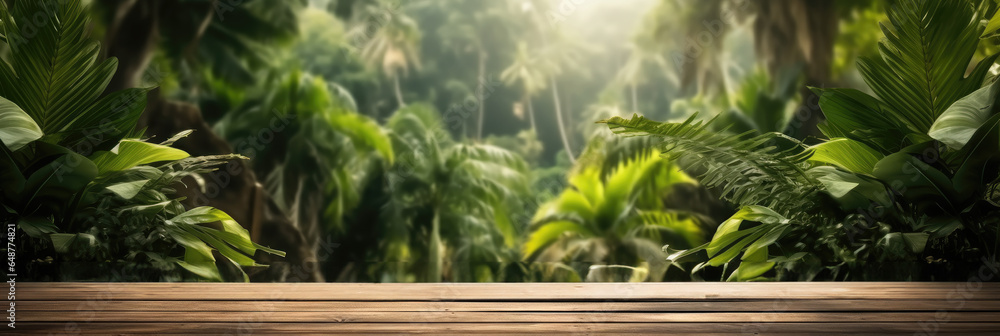 Poster The empty wooden table top with lush green rainforest amazon jungle leaves and plants in background, Product display template.