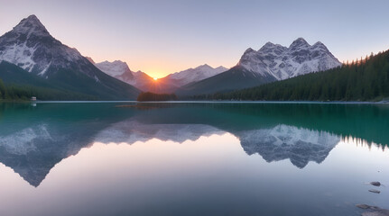 Fototapeta na wymiar Awe-Inspiring Sunrise Over a Serene Mountain Lake, A Breathtaking Masterpiece of Nature's Tranquility and Majestic Beauty Unveiled