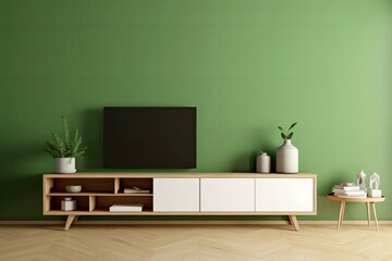 Green color wall background, Modern living room decor with a tv cabinet, Generative AI 
