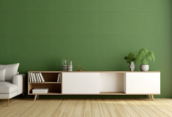 Fototapeta na wymiar Green color wall background, Modern living room decor with a tv cabinet, Generative AI 