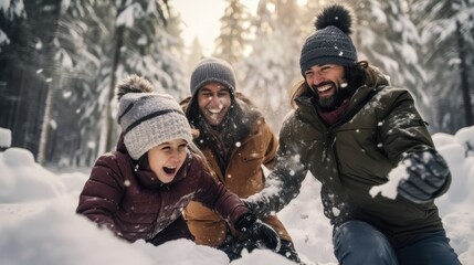 Happy family playing with snow at the forest in winter.