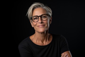 Portrait of a middle-aged woman in glasses on a black background