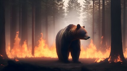 burning forest, bear in the woods