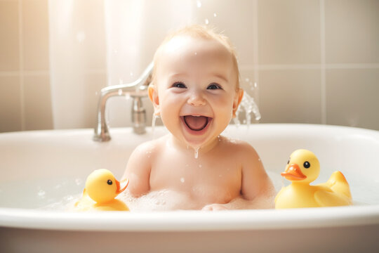 Happy time of cute baby taking a bath with duckling toy in bathtub