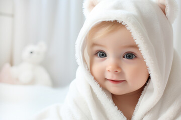 Happy baby wearing white hooded towel sitting on the bed after bath - obrazy, fototapety, plakaty