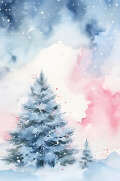 Watercolor Christmas tree in snow, invitation, wedding, postcard, magical, fir tree, stars, pink and blue, starry night, abstract, xmas, holiday, festive