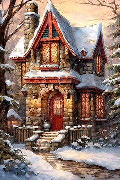 Oil painting of a Christmas Mansion, house, cottage in a snow forest with Christmas decorations and lights