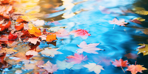 Autumn Background with Yellow and Red Maple Leaves . Autumn Maple Leaves on Water Surface  .  Autumn Background With  yellow Red Maple Leaves  autumn maple leaves on water. Colorful autumn leaves in p - obrazy, fototapety, plakaty
