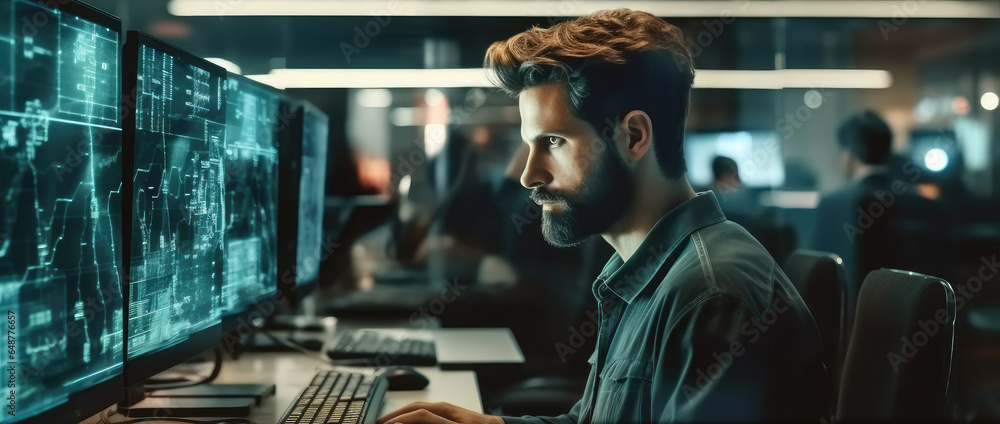 Aufkleber male system security specialist working on computer at system control center.