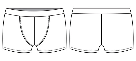 Men's boxer brief underwear front and back view flat sketch fashion illustration, Gents trunk under garments vector template - obrazy, fototapety, plakaty